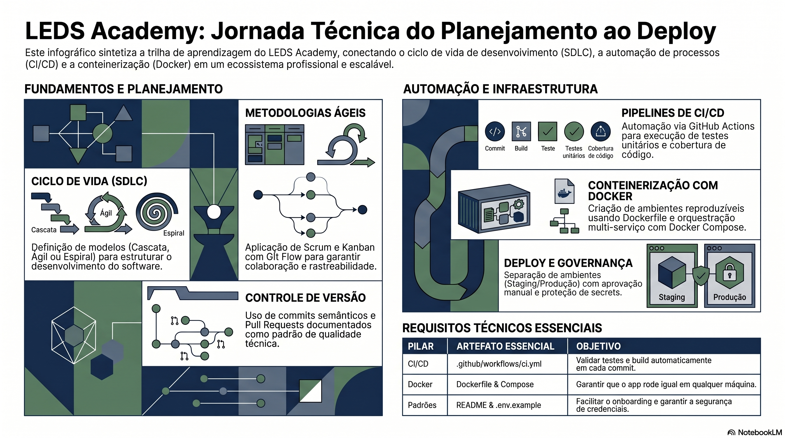 Infográfico da trilha SDLC, CI/CD e Docker